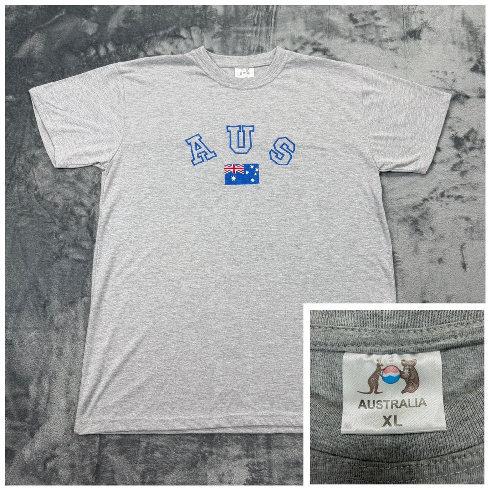 Australia‎ AUS Flag Embroidered Gray T-Shirt Mens XL Short Sleeve Souvenir Tee